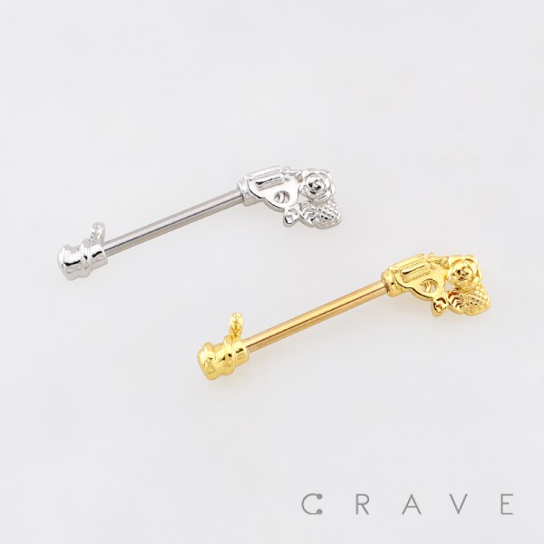 HALLOWEEN REVOLVER PISTOL ROSE HANDLE 316L SURGICAL STEEL NIPPLE RING